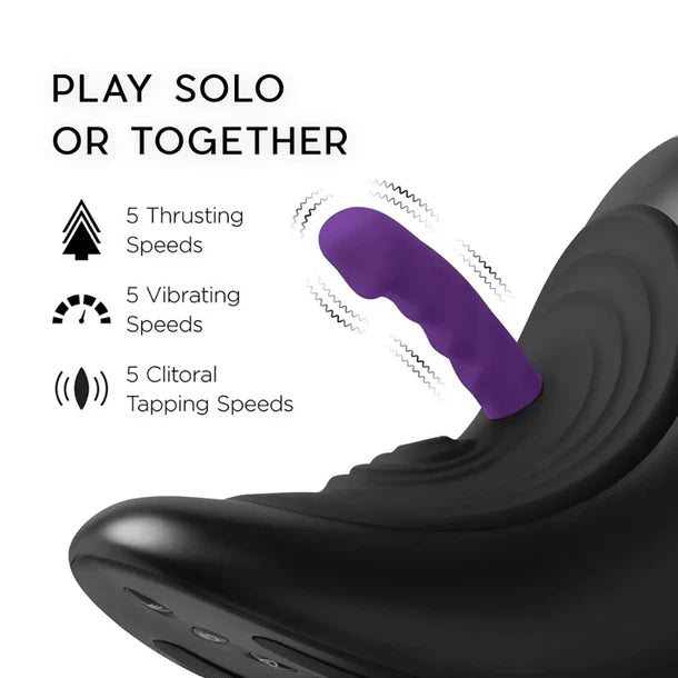 Black and purple sex toy with features listed on a white background