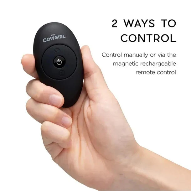 Black remote control held in a hand with text about control methods on a white background