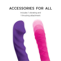 Purple and pink vibrators with text indicating 'Accessories for All' on a white background.