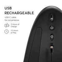 Black remote device with USB-C charging cable on a white background