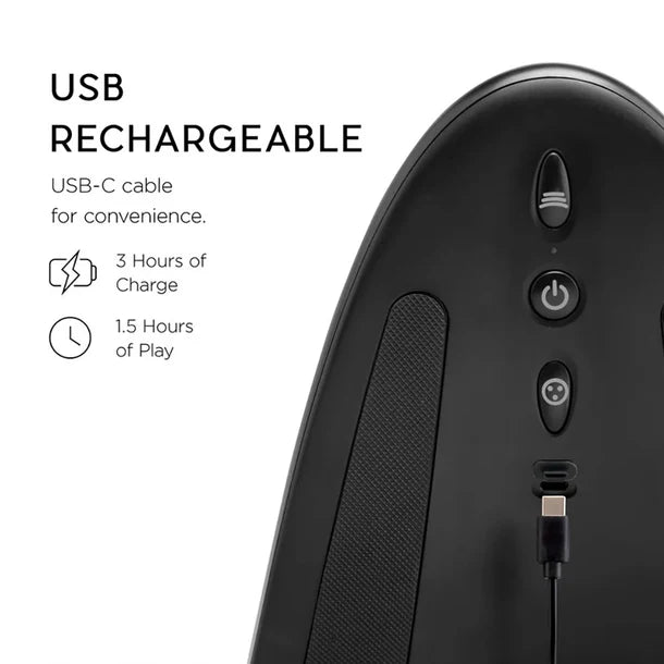 Black remote device with USB-C charging cable on a white background