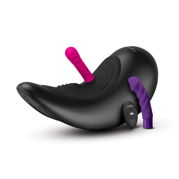 Black and purple saddle sex machine device on a white background