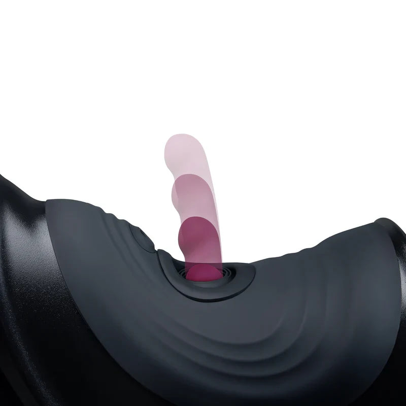 Close-up of a black and pink thrusting vibrator on saddle on a white background