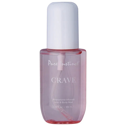 pink bottle of crave pheromone hair & body mist with a white lid, on a white back ground