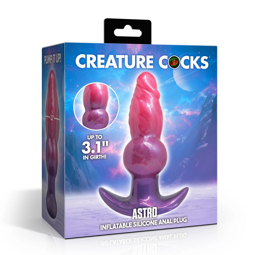 Box of 'Creature Cocks' Astro inflatable silicone anal plug with colorful design and text.