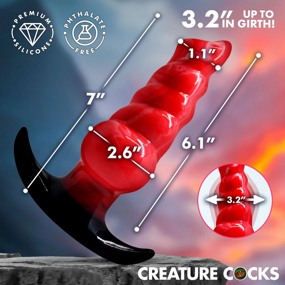 Red silicone anal plug product with measurements and branding on a gray background