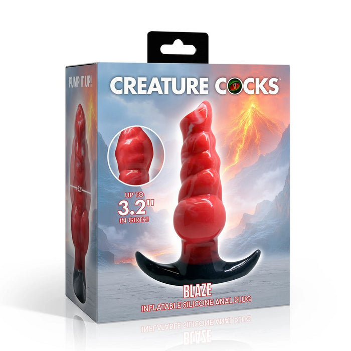 Box of a red inflatable silicone anal plug with 'Creature Cocks' branding on a white background.