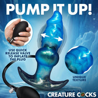 Advertisement for a blue inflatable plug with text and a hand holding a pump.
