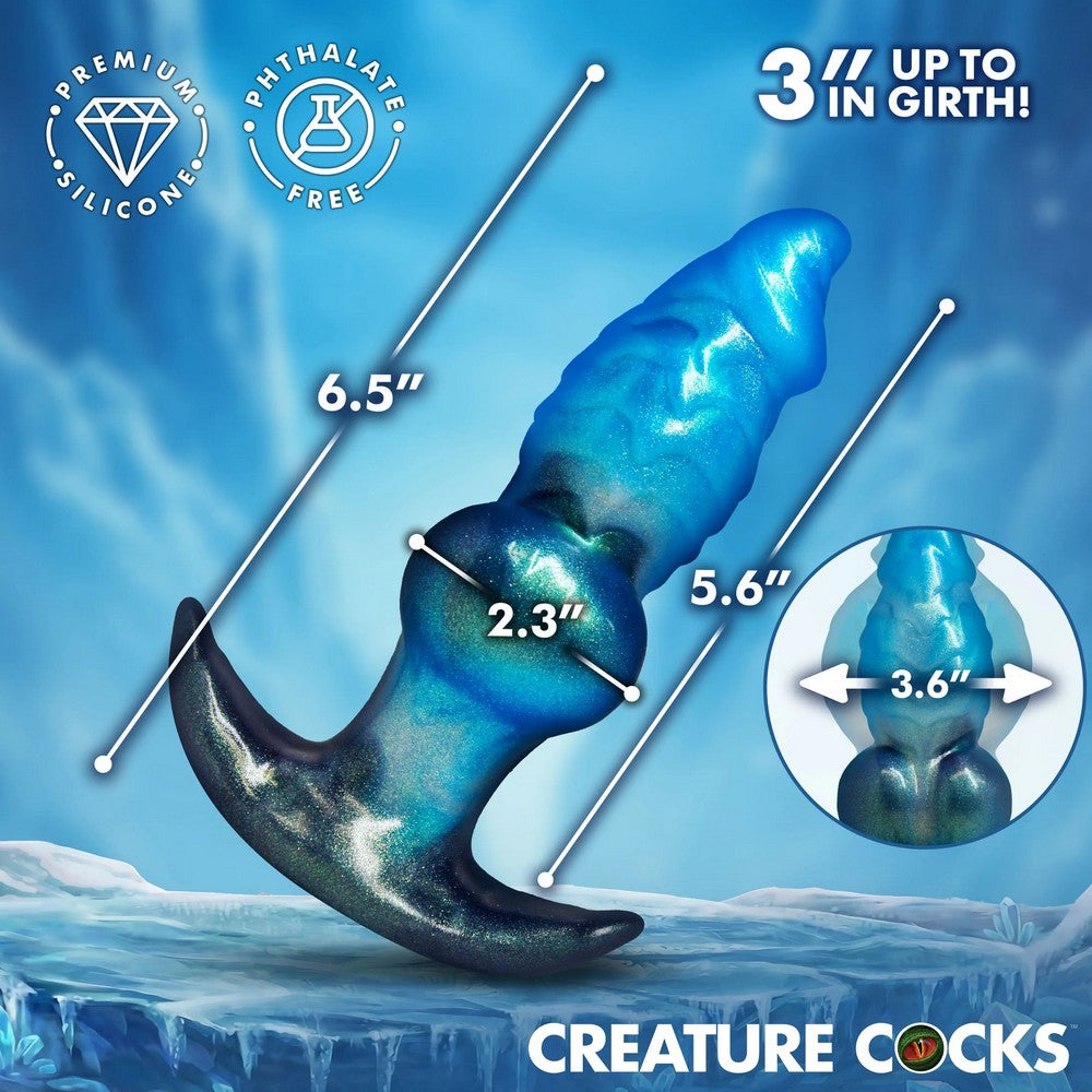 Blue silicone anal plug with measurements and branding on a blue background