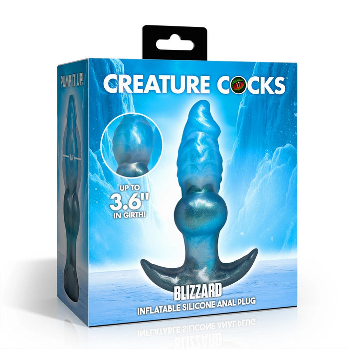 Box of 'Creature Cocks' Blizzard inflatable silicone anal plug with blue design on a white background
