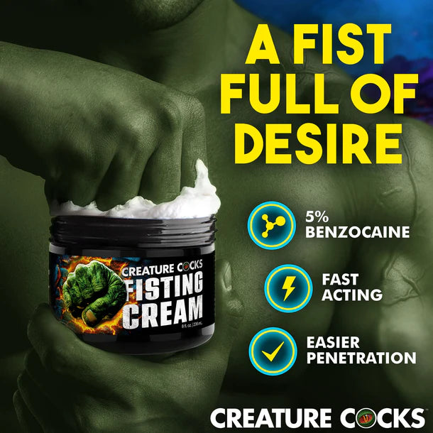 Advertisement for 'Fisting Cream' with a muscular person holding a container, featuring text about product benefits.