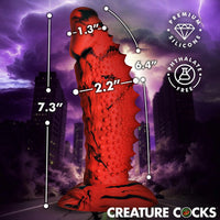 Creature Cocks Gojira silicone dildo displayed with product dimensions showing 7.3-inch total length, 6.4-inch insertable length, 2.2-inch width, and 1.3-inch tip diameter, alongside icons for premium silicone and phthalate-free materials.