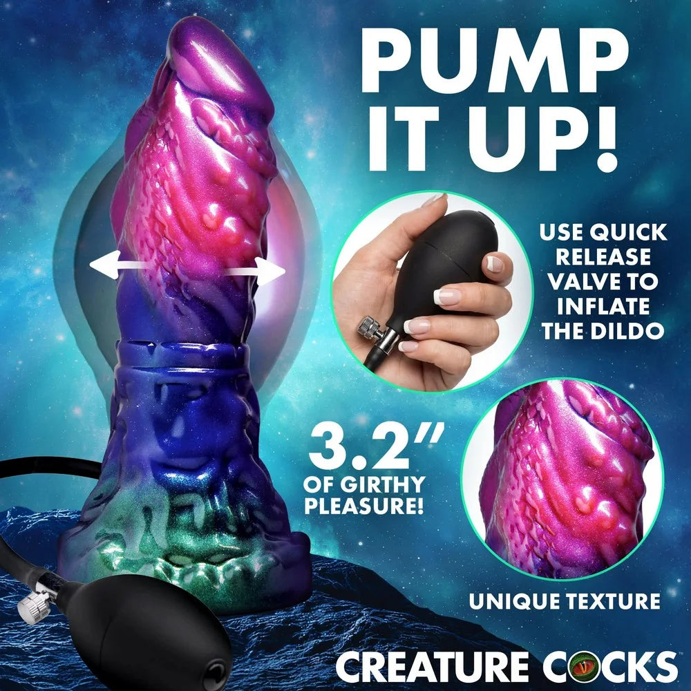 Sexual product with pump mechanism on a blue background, featuring text and branding.