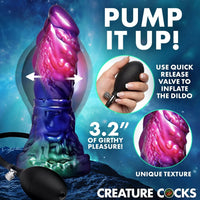Sexual product with pump mechanism on a blue background, featuring text and branding.