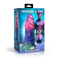 Boxed inflatable silicone dildo with colorful design and model on a white background
