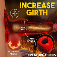 Promotional image for the Creature Cocks Hell Hound silicone penis enhancer sleeve highlighting added girth enhancement, open-ended design, soft stretchy silicone construction, and stamina-support features with fiery fantasy-themed visuals.