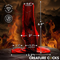 Creature Cocks Hell Hound silicone penis enhancer sleeve displayed with product dimensions showing 6.5-inch length, 2-inch maximum width, 3.3-inch base width, and unstretched openings of 0.6 inch and 1.1 inch, alongside icons for premium silicone and phthalate-free materials.