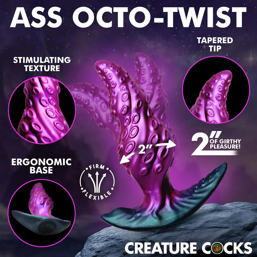 Purple octopus-shaped product with text describing features on a dark background