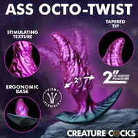 Purple octopus-shaped product with text describing features on a dark background