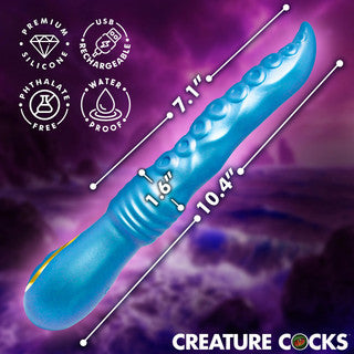 Creature Cocks Tenta Squirm vibrating dildo displayed with product dimensions showing 10.4-inch total length, 7.1-inch insertable length, and 1.6-inch width, alongside icons for waterproof rechargeable silicone and phthalate-free materials.