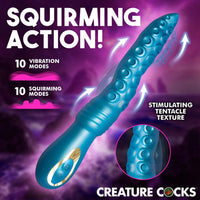 Promotional image for the Creature Cocks Tenta Squirm vibrating dildo highlighting 10 vibration modes, 10 squirming motion modes, and textured tentacle-style stimulation details.