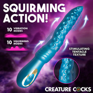 Promotional image for the Creature Cocks Tenta Squirm vibrating dildo highlighting 10 vibration modes, 10 squirming motion modes, and textured tentacle-style stimulation details.