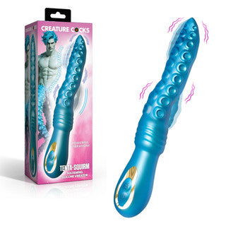 Creature Cocks Tenta Squirm vibrating dildo by XR Brands in blue silicone with tentacle-inspired texture, shown alongside fantasy-themed retail packaging and vibration feature graphics.