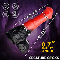 Sex product with measurements and branding on a purple background