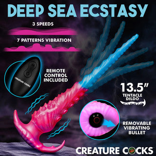 Promotional image for the Creature Cocks Vibropus vibrating dildo highlighting 3 vibration speeds, 7 patterns, remote control operation, removable vibrating bullet, and 13.5-inch tentacle-inspired design.