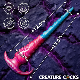 Creature Cocks Vibropus vibrating dildo displayed with product dimensions showing 13.5-inch total length, 12.6-inch insertable length, and 2.3-inch width, alongside icons for rechargeable waterproof silicone construction.