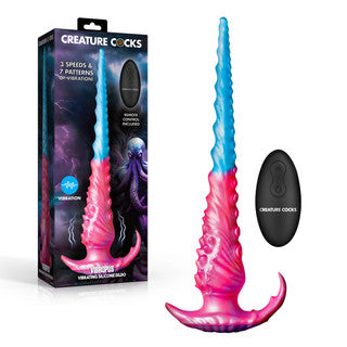 Creature Cocks Vibropus vibrating dildo by XR Brands featuring a pink and blue tentacle-inspired design with remote control and fantasy-themed retail packaging.