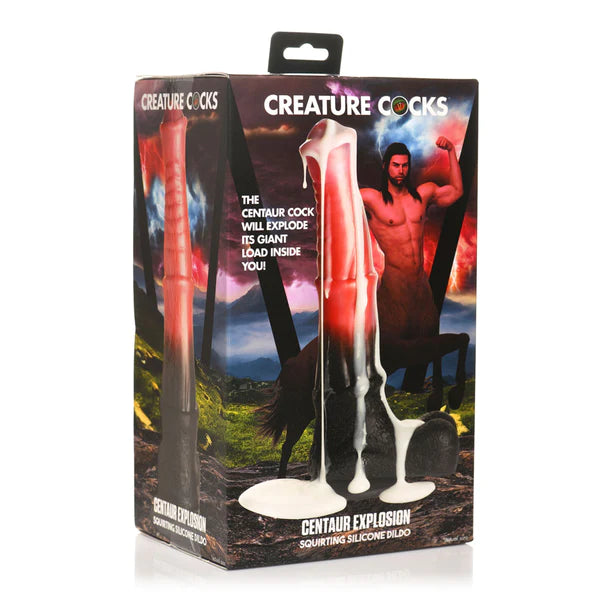 red and black textured dildo with balls with squirting feature. centaur on box cover
