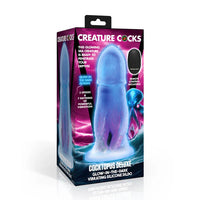 creature cock ocotopus blue & purple vibrating dildo on box packaging