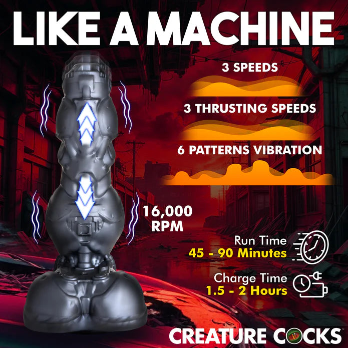 grey cyborg textured thrusting vibrating dildo specs chart 3 speeds, 3 thrusting speeds, 6 patterns, 16000 rpm, run time 45-90 min, charge time 1.5-2 hours