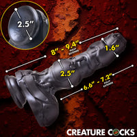 grey cyborg textured thrusting vibrating dildo size chart 9.4" full length, 7.2" insertable, 1.5" widest point, 1.6" top