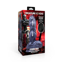 grey cyborg textured thrusting vibrating dildo with remote on box