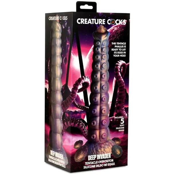 multi colored dildo with tentacles and eggs that come out the top on box