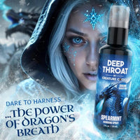 icy female in back ground with a blue and black spray bottle of speamint deep throat spray