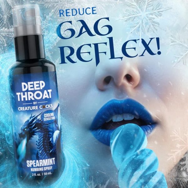 icy female with bottle of deep throat spray spearmint in black and blue with dragon on bottle