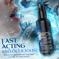 icy female with bottle of deep throat spray spearmint in black and blue with dragon on bottle