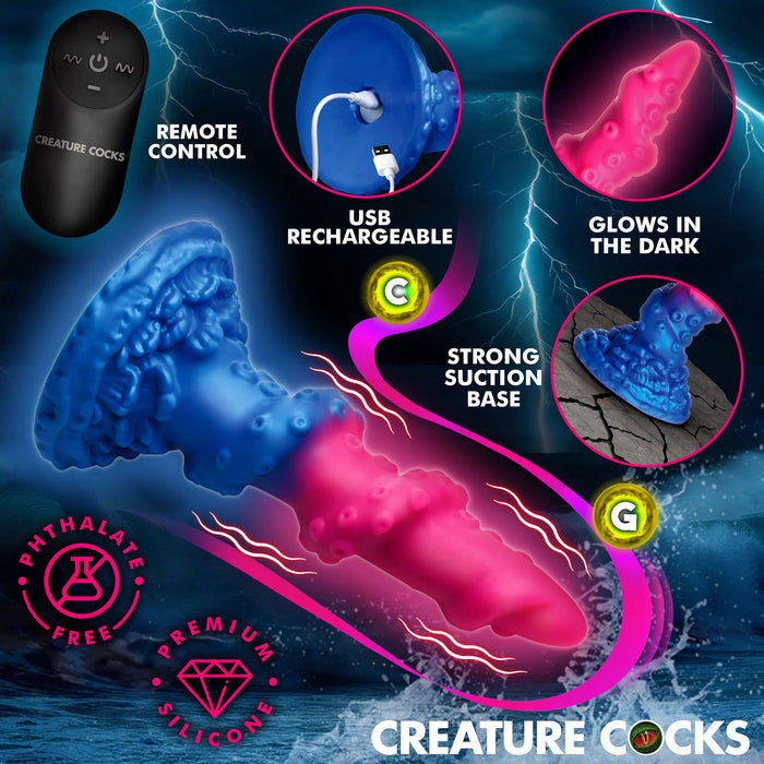 Product advertisement for 'Creature Cocks' with features highlighted on a dark background.