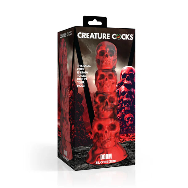 red & black skulls dildo stacked on top of each other on box cover