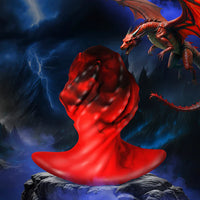 ridged black and red dragons egg anal plug with red and black dragon flying in the back ground