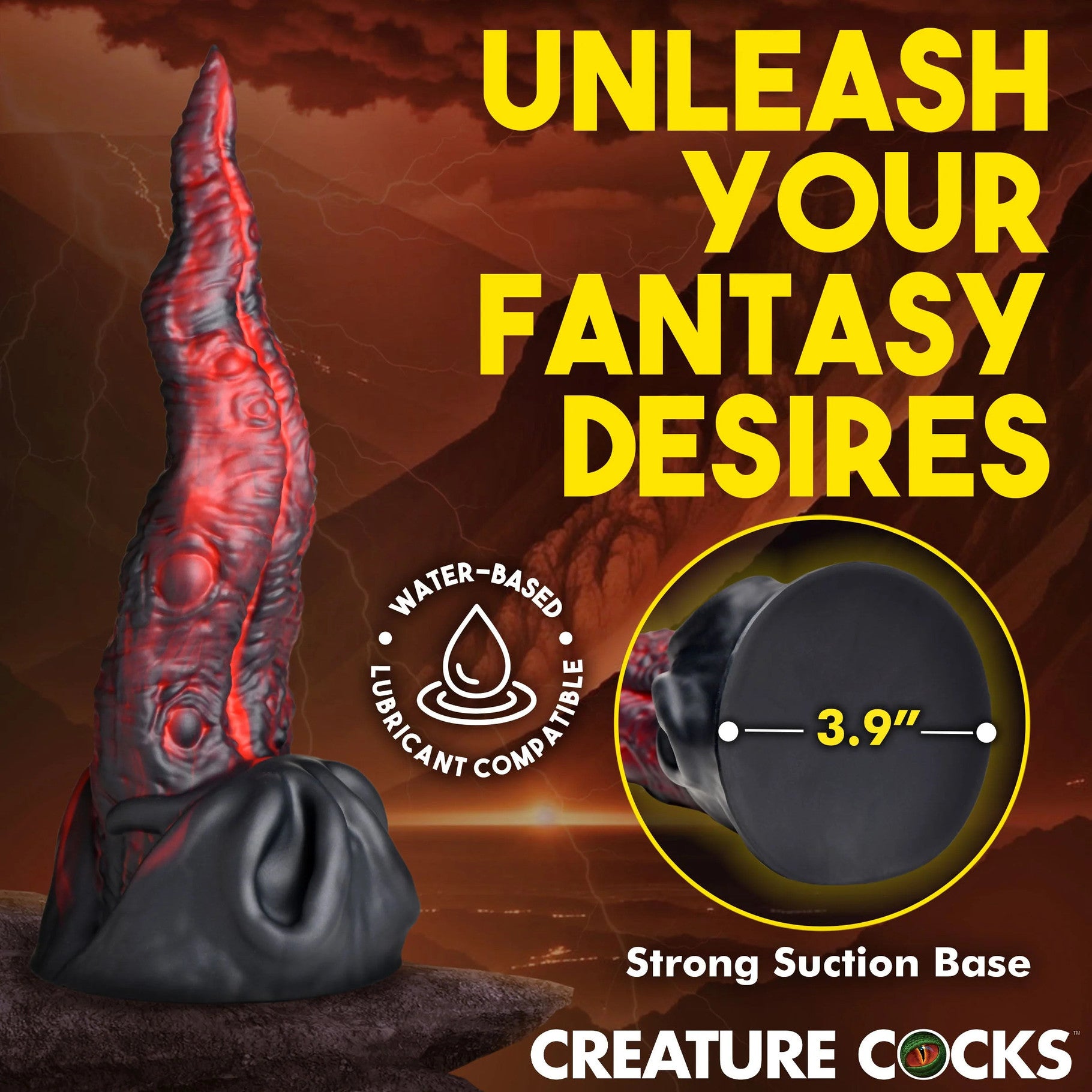 Product with text 'Unleash Your Fantasy Desires' and 'Creature Cocks' branding on a dark background.
