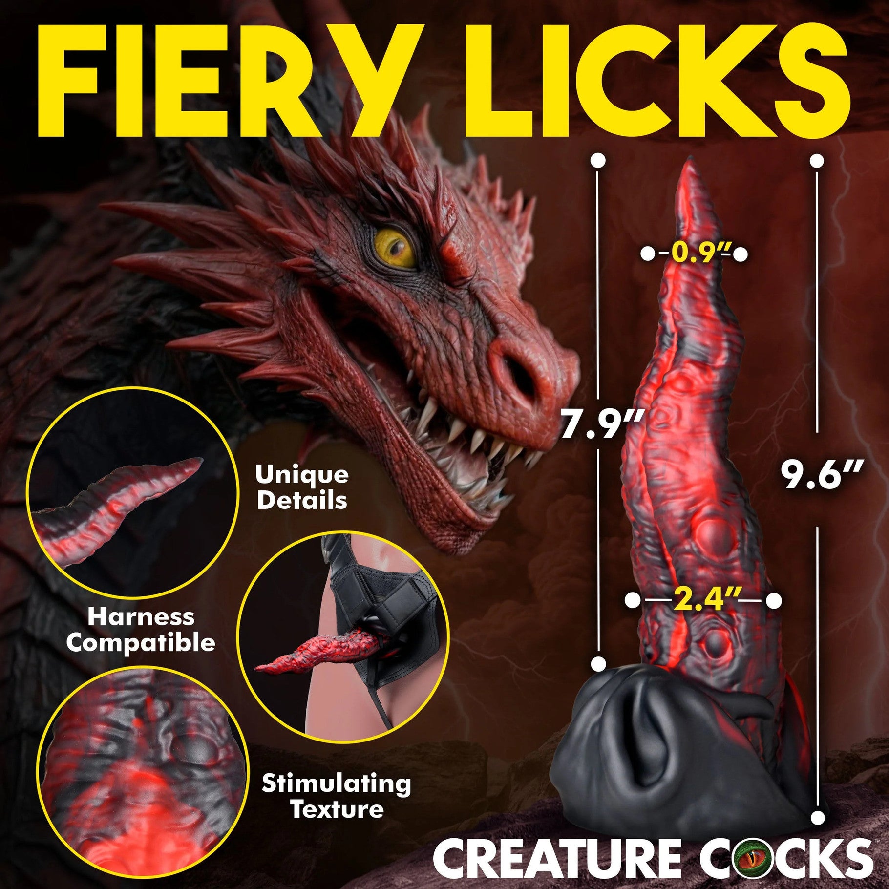 Product advertisement for 'Fiery Licks' creature cock with dragon design, showing details and measurements.