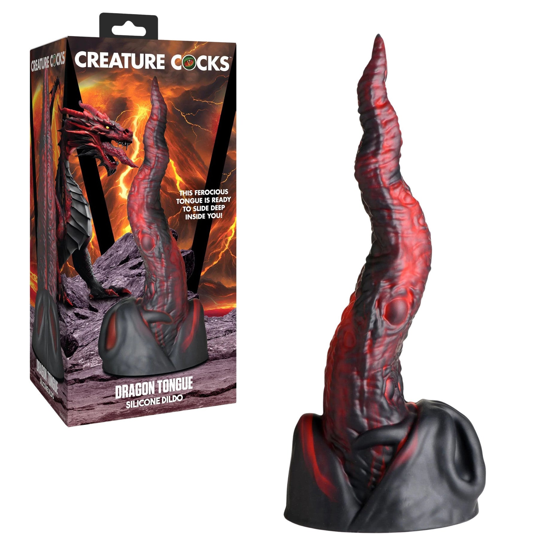 Dragon-shaped silicone dildo with packaging labeled 'Creature Cocks' on a white background