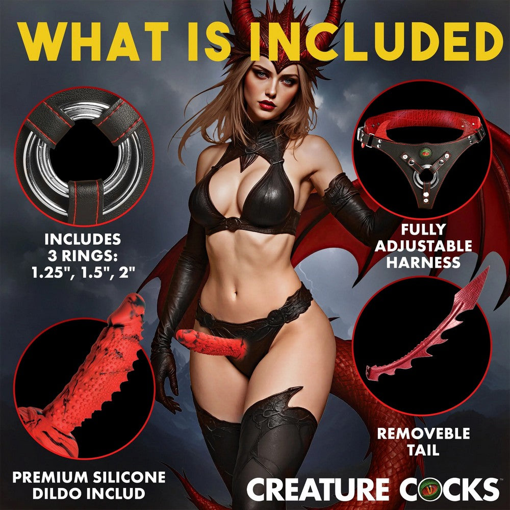 Promotional graphic for a devil-themed adult novelty set titled 'WHAT IS INCLUDED' with a central model in black lingerie and red wings, plus four circular inset callouts showing included items: 3 rings, an adjustable harness, a removeable tail, and a premium silicone dildo. Brand text 'CREATURE COCKS' appears at the bottom.