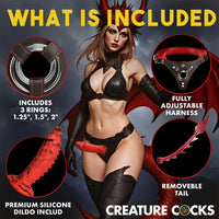 Promotional graphic for a devil-themed adult novelty set titled 'WHAT IS INCLUDED' with a central model in black lingerie and red wings, plus four circular inset callouts showing included items: 3 rings, an adjustable harness, a removeable tail, and a premium silicone dildo. Brand text 'CREATURE COCKS' appears at the bottom.