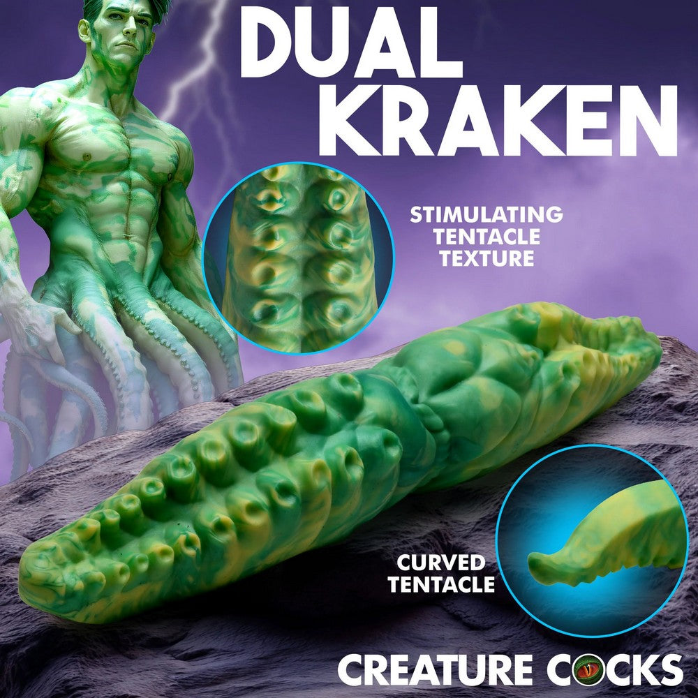 Green tentacle-like product with detailed texture, labeled 'Dual Kraken' by Creature Cocks, on a purple background.
