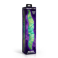 Boxed product creature cocks double ended dual kraken double dildo with green and purple design on a white background